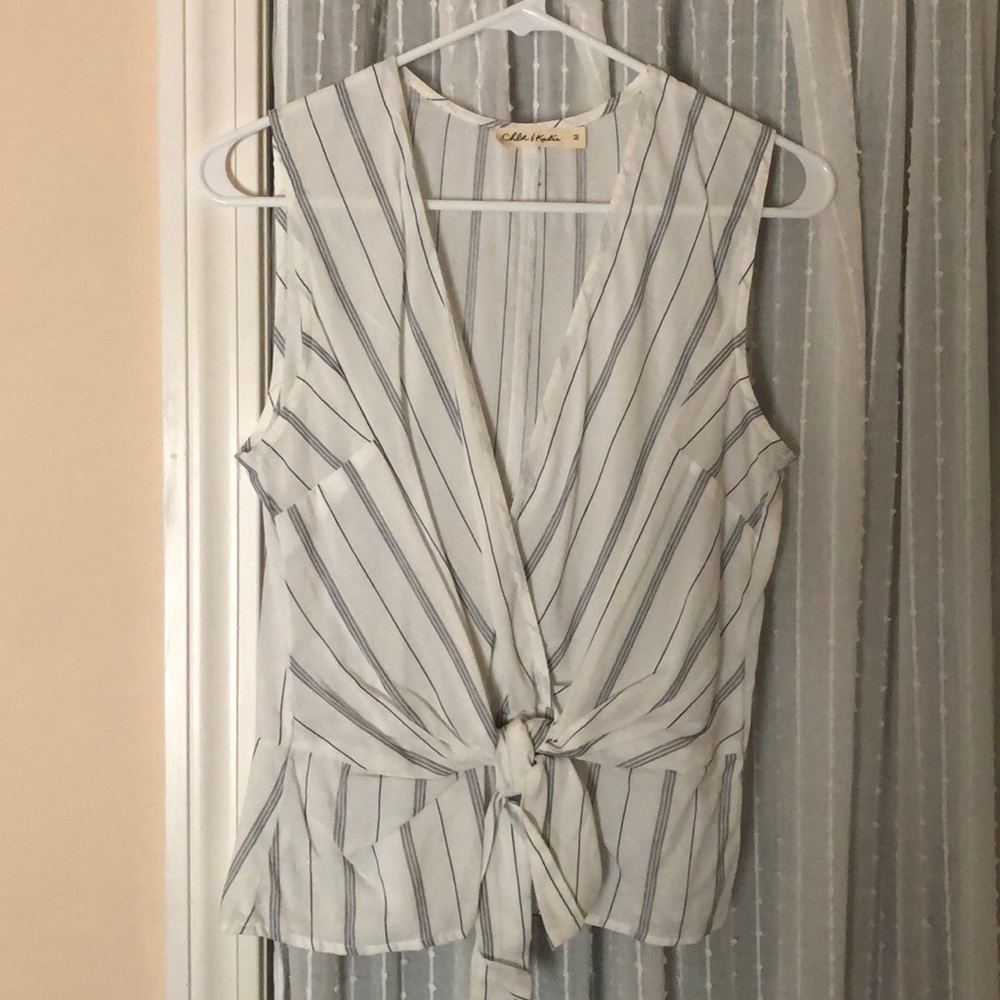 Tank top blouse with knot waist white & blue